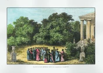 Platon (c.427-c.348 av. J.-C.) et ses disciples dans le jardin de l